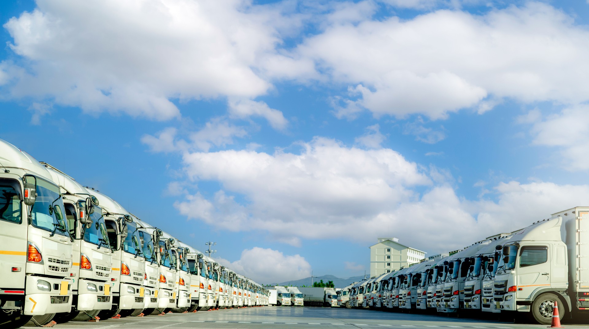 Fleet of trucks parked at parking lot yard of delivery company. Truck transport. Logistic industry. Freight transportation. Truck leasing. Commercial truck for delivering goods from warehouse. Cargo